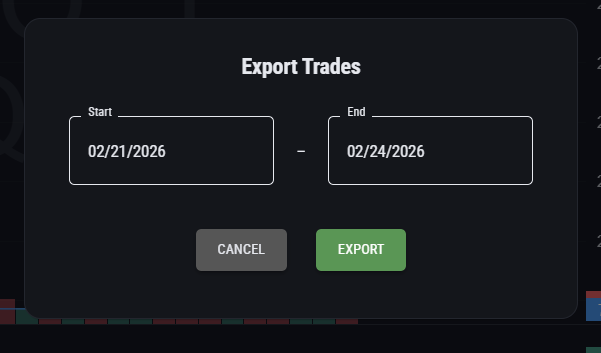 Topstep export popup with date range fields and Export button