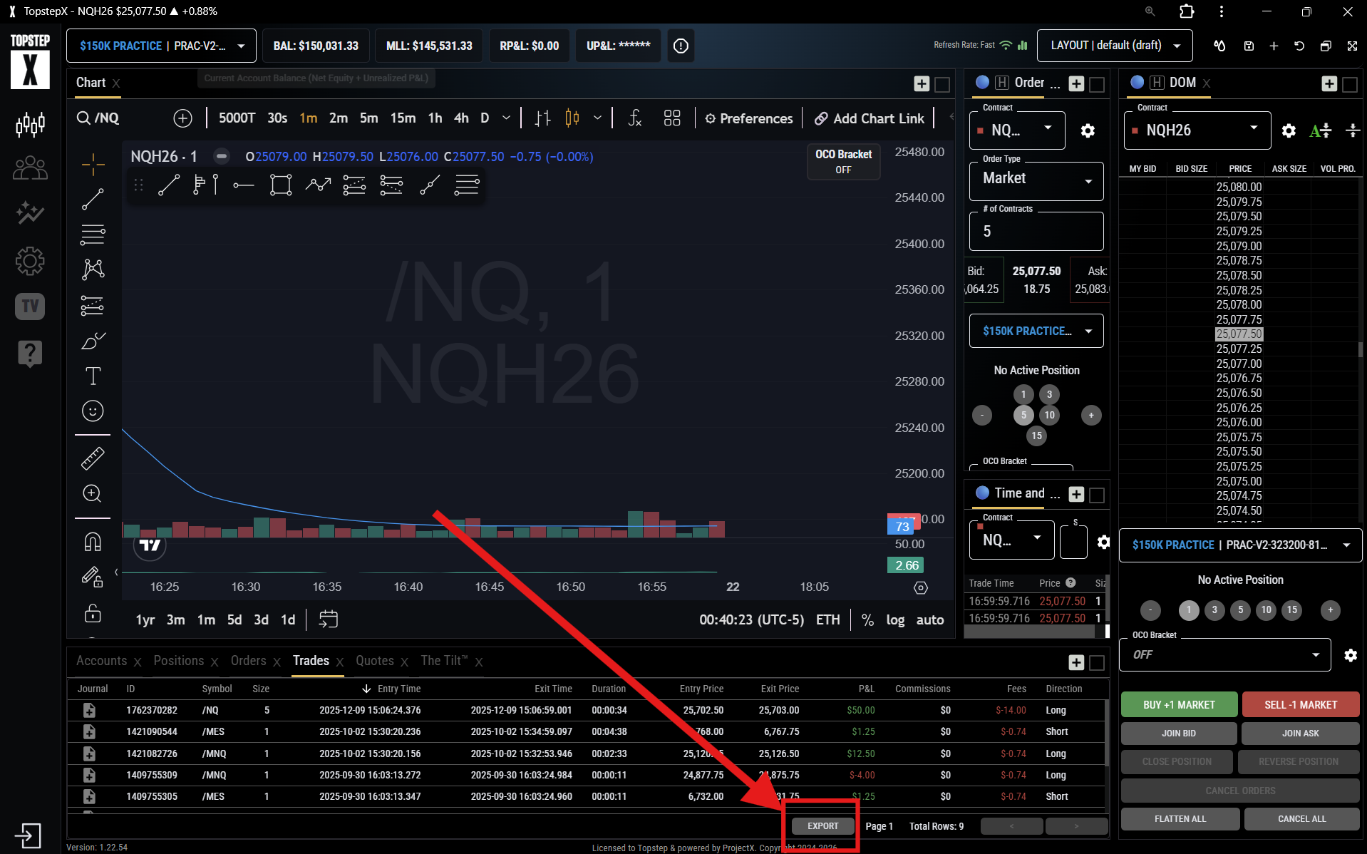 Topstep Trades panel with Export button in the bottom right