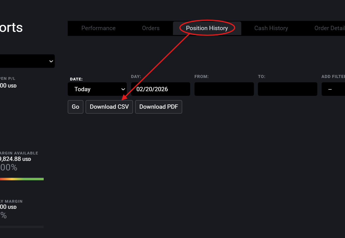 Tradovate CSV download dialog