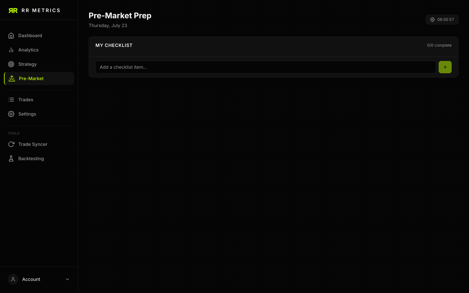 Pre-market checklist page with a list of items to confirm before the trading session