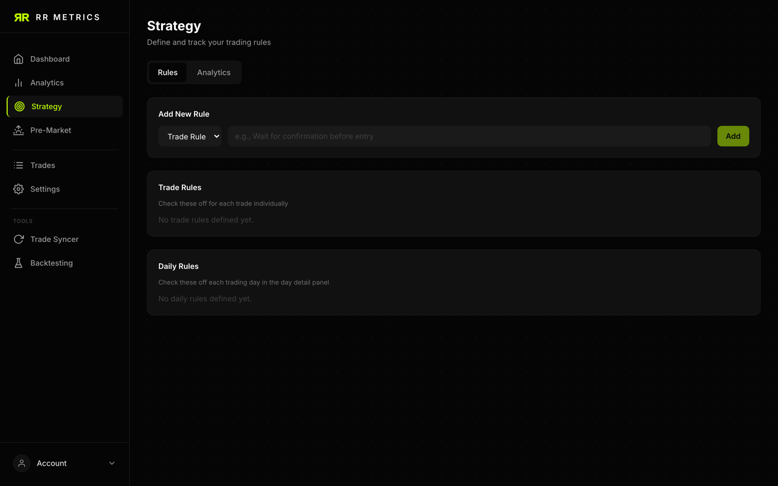 Strategy page tracking rule adherence for a defined trading strategy
