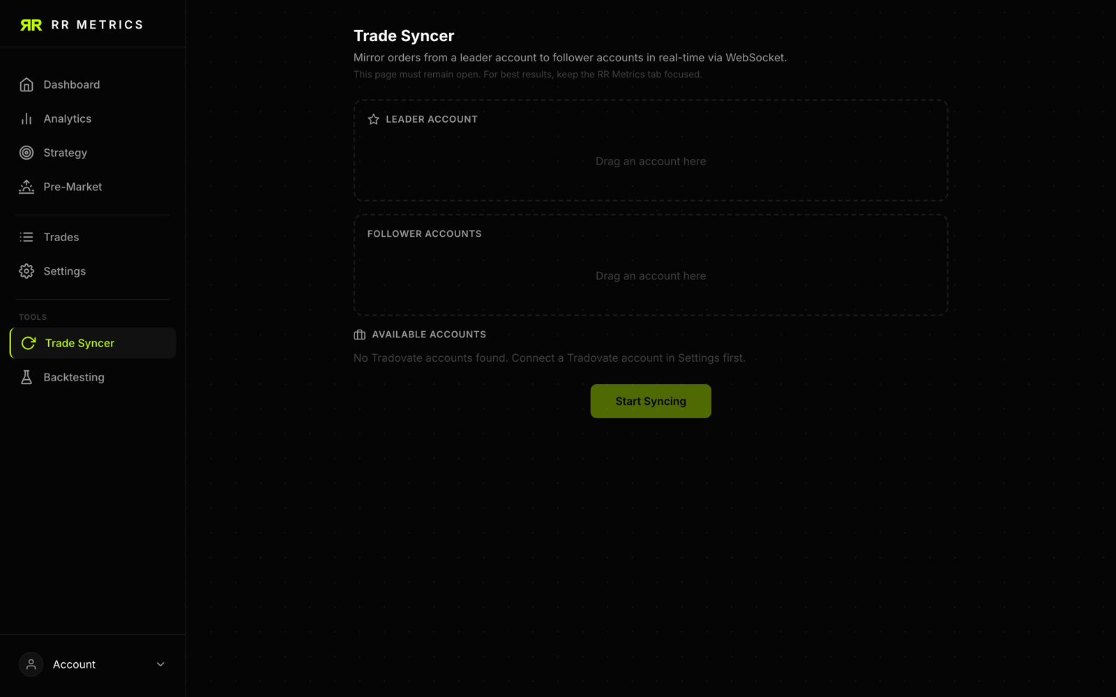 Trade Syncer page showing broker connections for automatically importing executed trades
